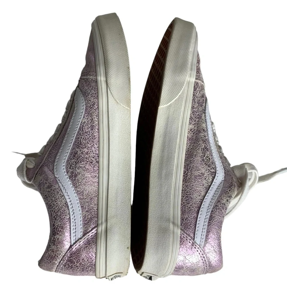VANS Women 7.5‎ Old Skool Pink Cracked Shimmer Leather Low Lace Up Sneaker Shoes